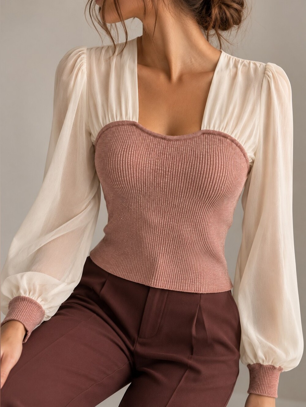 Debut Dusty Rose Ribbed Knit & Ivory Sheer Puff Sleeve Top Size M/L